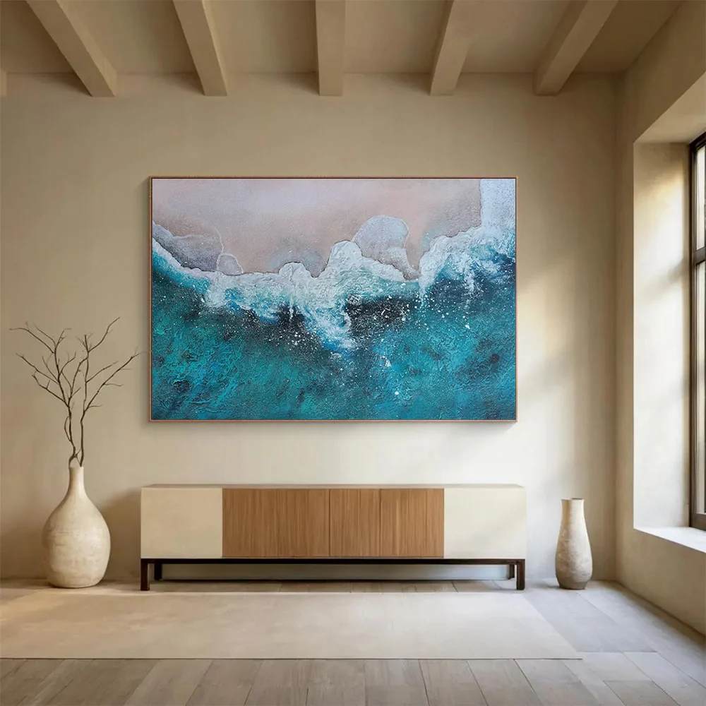 Turquoise Hand-painted Coastal Textured Abstract Artwork 7SOD9